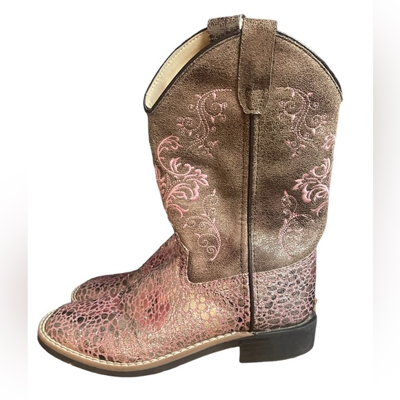 Old West Other - Old West Kids Brown and Crackle Antique Pink Square Toe Cowboy Boots Size 1 D
